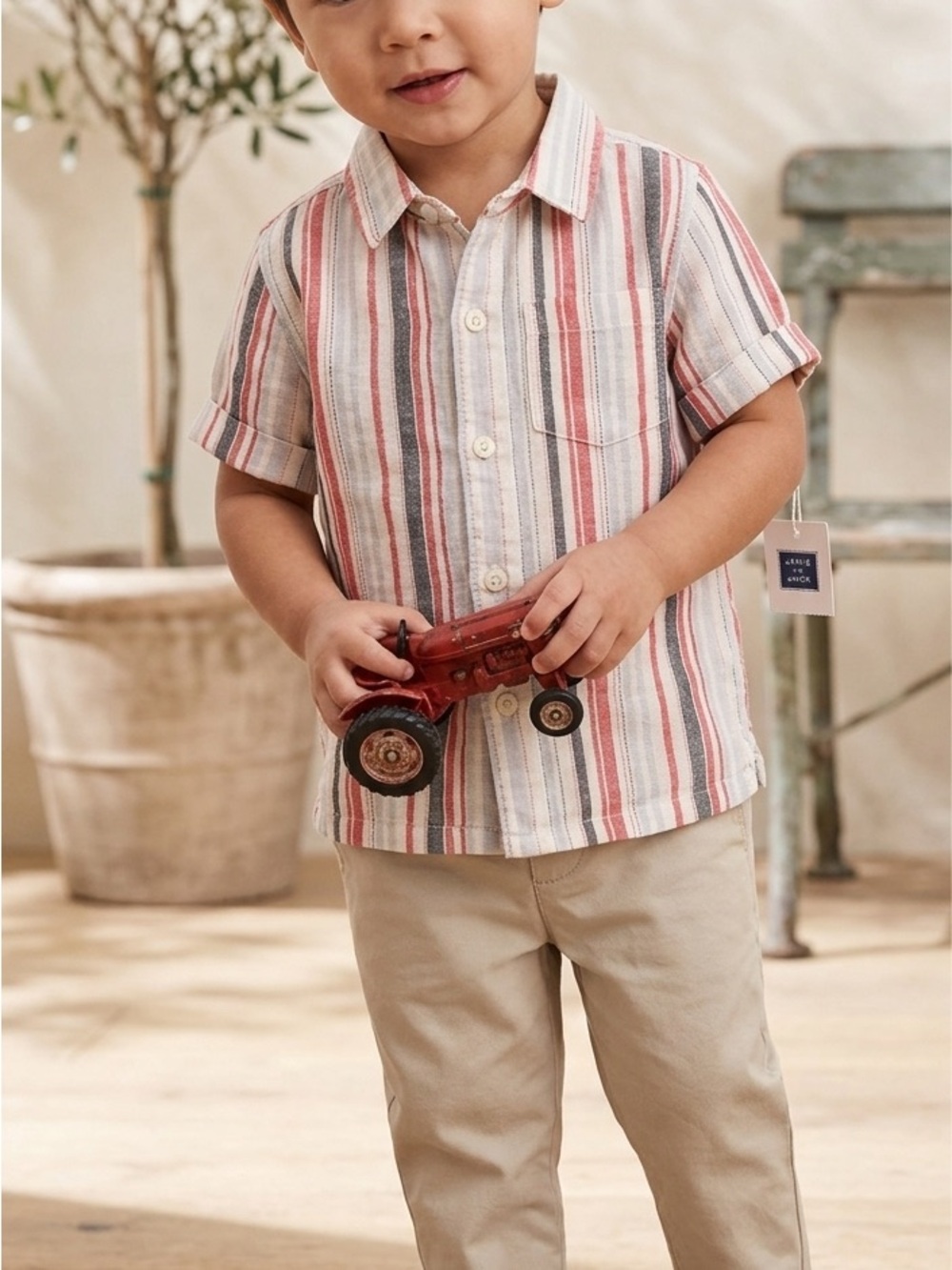 Janie and Jack Boys Striped Button Down Linen Cotton Blend Shirt 2T